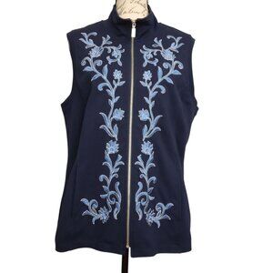 Bob Mackie | Navy & Blue Embroidered Zip-Up Vest Stretch | Size L